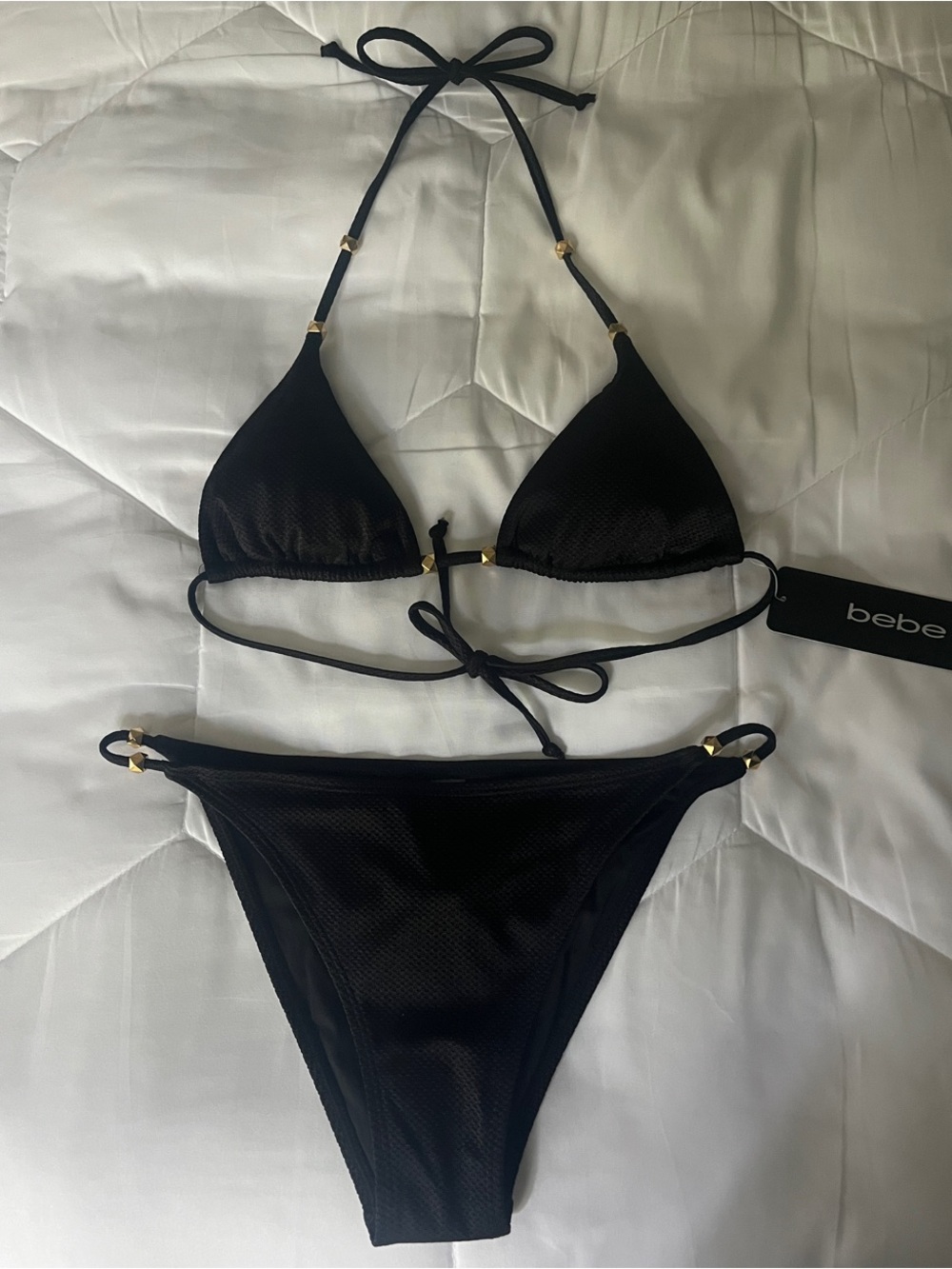 bebe Black Triangle String Bikini with Gold Accents